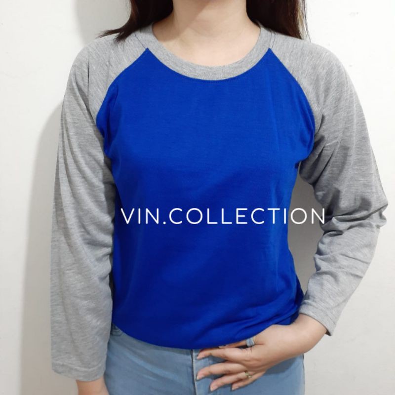 Kaos polos raglan pria wanita  - biru benhur kombinasi misty