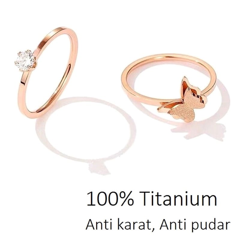 Cincin Titanium Wanita Kupu 1 Karat Berlian Lapis Emas 18k Anti Karat Korea Perhiasan elegan wanita fashion korea