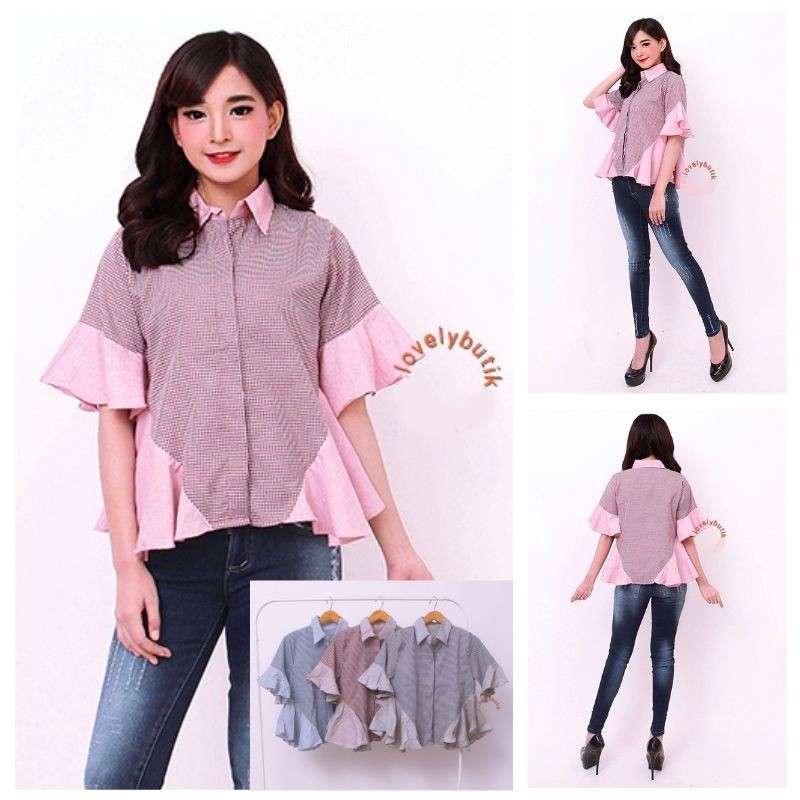 Lovelybutik Gisella Rimple Casual Blouse Kemeja Trendy Wanita Lengan Pendek Motif Kotak