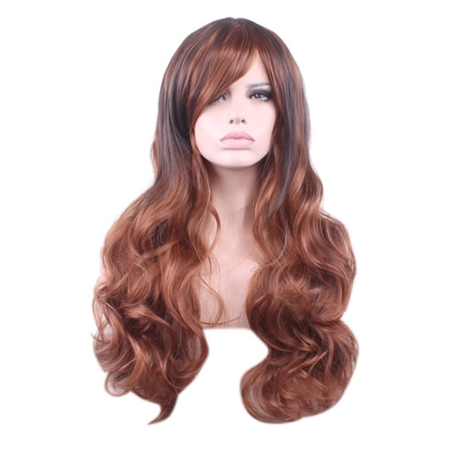 Wig blonde brown black wavy rambut palsu gelombang panjang