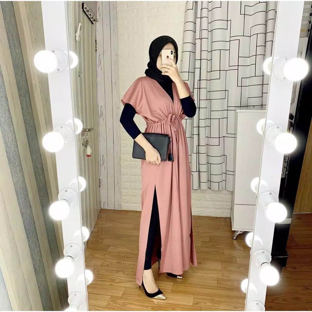 COD - OLIVARA DRESS GAMIS NAGITA KERUT SERUT PINGGANG POLOS LD 110 FIT S - XL FASHION MUSLIM WANITA MAXY PESTA KONDANGAN MODERN KEKINIAN TERMURAH TERLARIS-Dusty