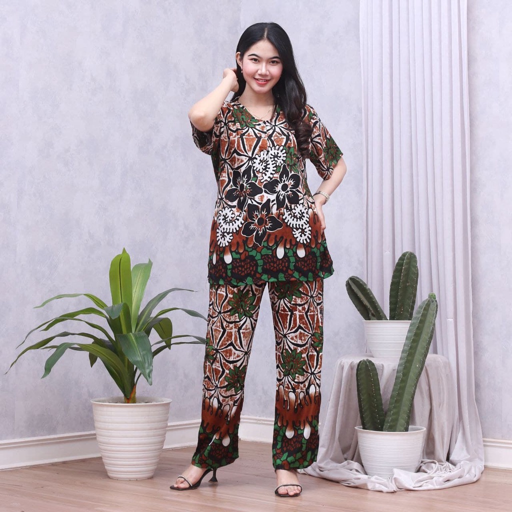 Batik Prass - Setelan Baju Tidur Busui Lengan Pendek - Piyama Batik Terbaru - Baju Santai-SUSAN HIJAU