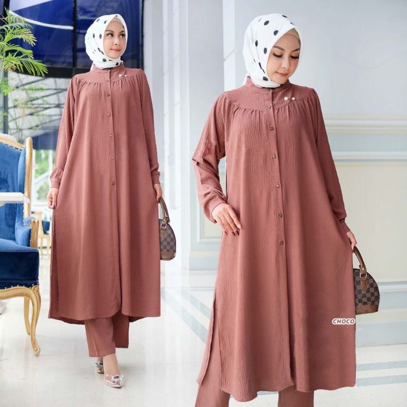 Stelan Rayon. Setelan Muslim. Setelan crinkle. Laluna Set. Baju Wanita. Fashion Muslim. Baju Muslim. Baju Busui friendly