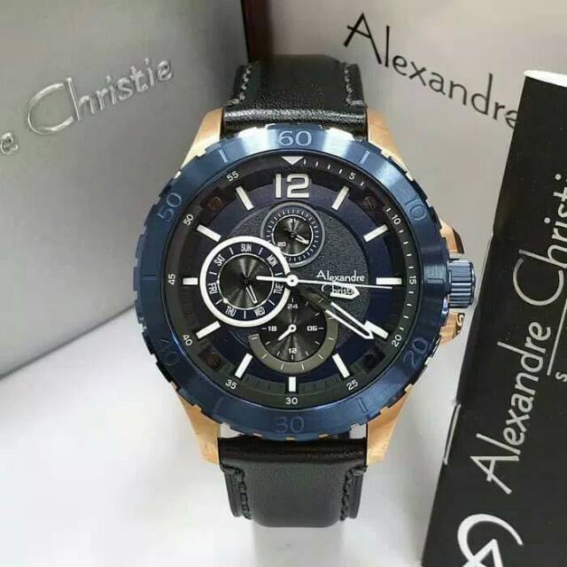 JAM TANGAN PRIA / COWOK ALEXANDRE CHRISTIE ROSE GOLD BLUE TALI KULIT BLACK ORI - AC 6510 BIRU HITAM