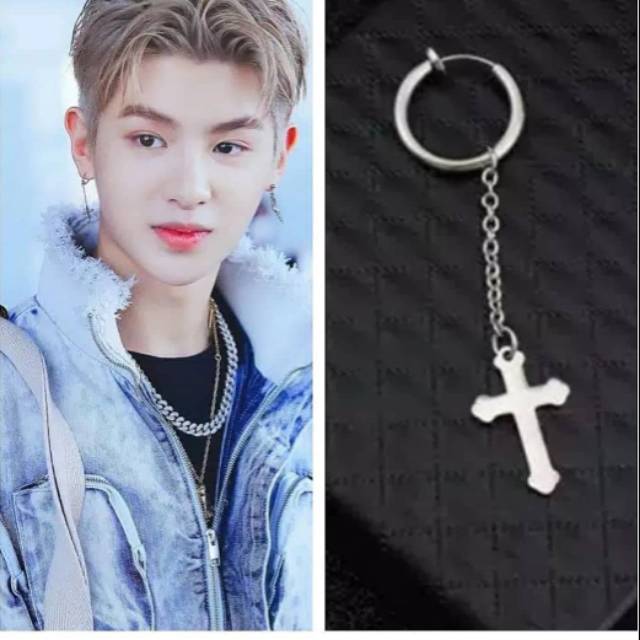 Anting salib jepit pria wanita panjang stainless