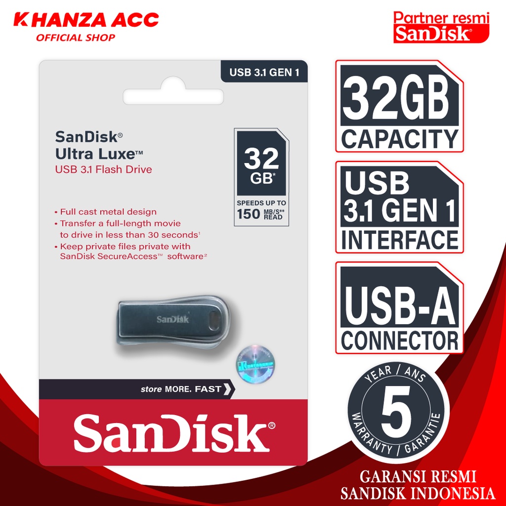 KHANZAACC SANDISK ULTRA LUXE Flashdisk 16GB 32GB 64GB 128GB USB 3.1 ORI