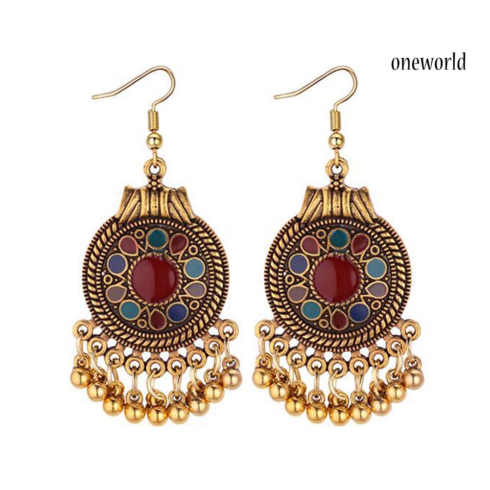 OW@ Women Ethnic Tassel Disc Flower Bead Pendant Long Dangle Hook Earring Jewelry