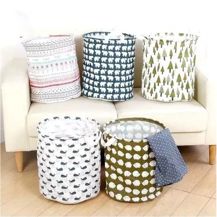 Keranjang Baju Laundry Bulat Basket Motif Storage Lipat Pakaian Kotor Katun Canvas Serbaguna Jumbo