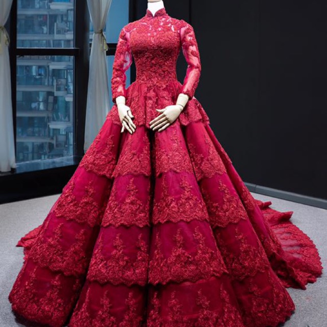 Gaun Pengantin Hijab Kerah Shanghai Maroon Lengan Panjang Premium Import Wedding Gown Chica Outlet