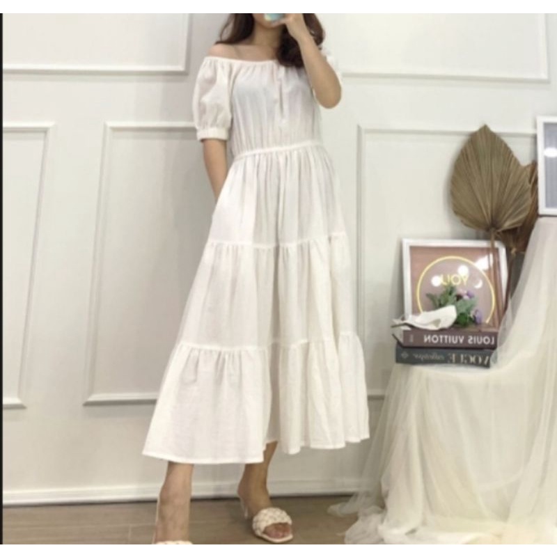 DRESS PANTAI / DRESS SABRINA CANDA OFF SHOULDER / KOREAN VINTAGE LONGDRESS RAYON FIT TO XL