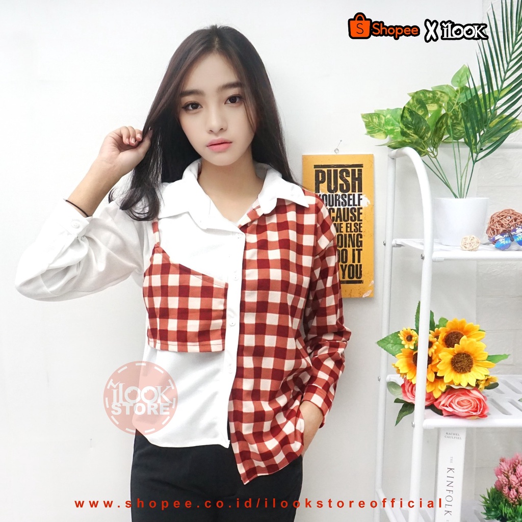 ilook | Lucky Top Blouse Weona | Chess Playfull Assymetrical Top | Blouse Wanita Bahan Creap | Blouse Weona | Motif Kotak