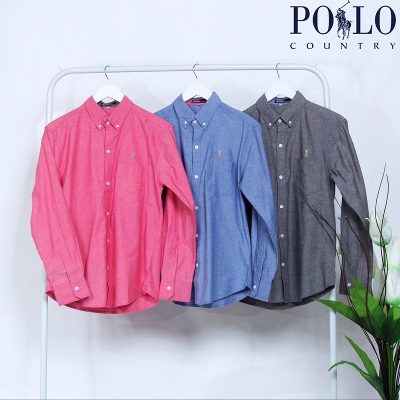 Polo country- kemeja chambray / Oxford pria lengan panjang