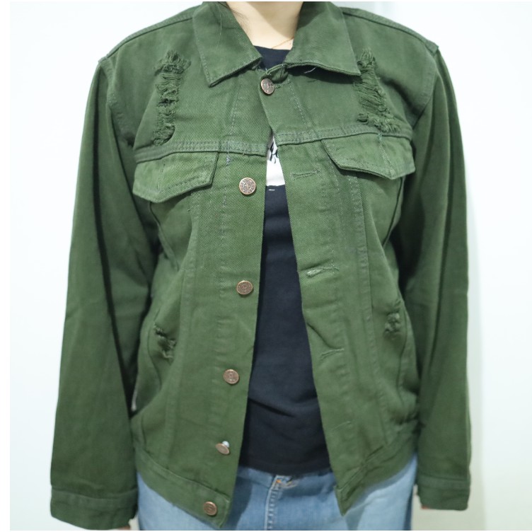Jaket Jeans Oversize Unisex Denim Casual Wanita - Hijau Army Sobek