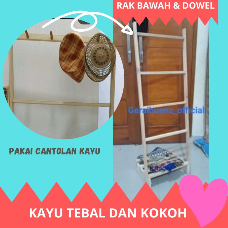 rak tangga rak bawah aesthetic kekinian kayu ladder hanger mukena jilbab sepatu sajadah sarung hijab