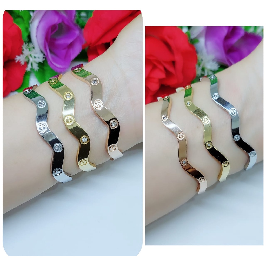 Titanium gelang dan cincin berbentuk gelombang perhiasan fashion （lebar6mm dan 4mm) 9973