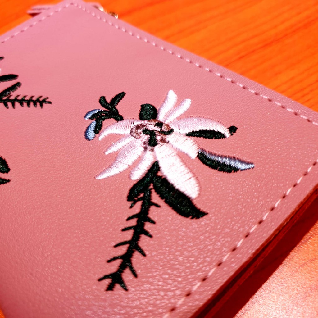 DOMPET WANITA KULIT JEUX WA017P3 MOTIF BUNGA BORDIR WALLET IMPORT KOREA MURAH ABG PINK FASHION BATAM