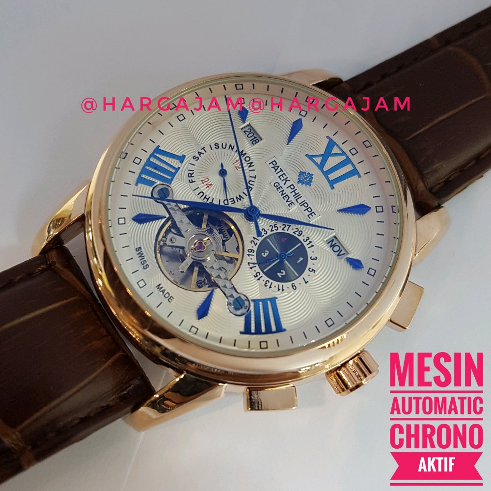 Jam Automatic Patek Philippe PP0954 Super Chrono Strap Leather Black | Bezel Gold Rose - hargajam