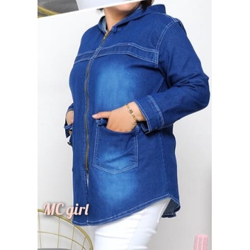 MC girl - Jaket Jeans Resleting Topi Jumbo Wanita / Jas Lepis Sleting Hoodie / Jaket Denim Kupluk Big Size