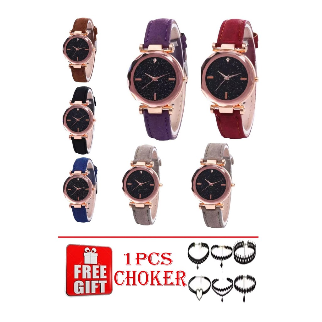 Jam Tangan Kulit Fashion Starry KULIT + CHOKER Women's Watches Watch Faux Leather Korea Style