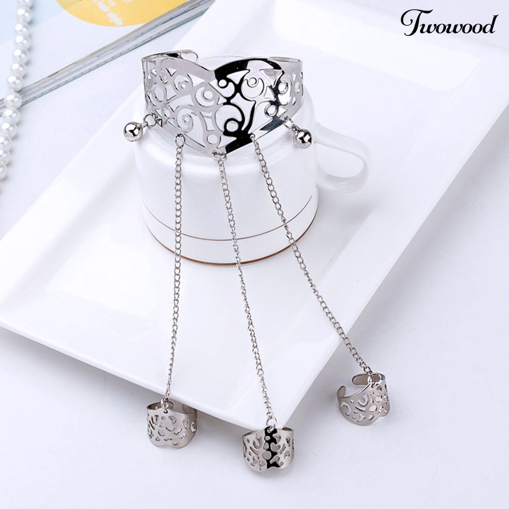 Twowood Multilayer Tassel Bell Hand Harness Bracelet Hollow Engraved Pattern Adjustable Bangle Finger Chain Jewelry Accessories