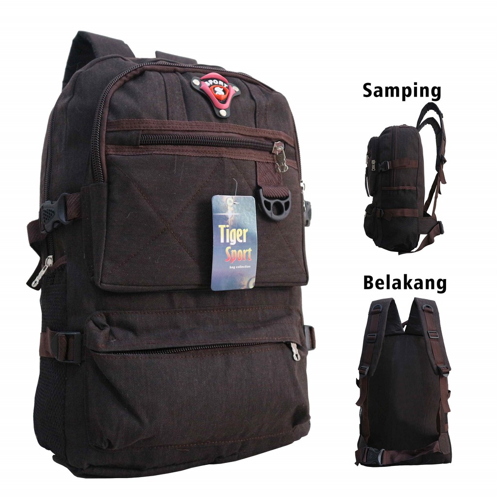 Tas Ransel Pria Kanvas Jahit Coklat Tua Backpack Outdoor Hiking Travelling