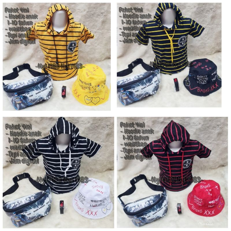 Baju kaos anak distro hodie anak motif garis gratis tas jam bucket