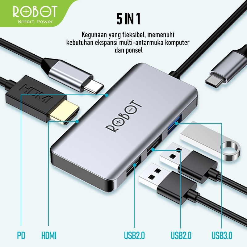 Robot HT255 Type-C USB Hub with HDMI Adapter / ROBOT HT260 Multiport 6 in 1 USB Type C HUB Adapter Portable