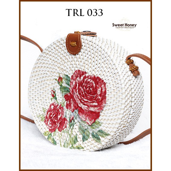 Sweet Honey ~ Grosir Tas Rotan Bulat Murah Lukis Bunga TRL033 Diameter 20cm [Bisa COD Bayar di Tempat]