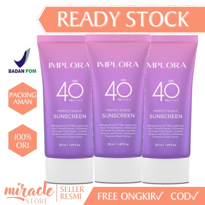 READY! SUNSCREEN IMPLORA SPF 40 PA++ IMPLORA PERFECT SHIELD SUNSCREEN WAJAH IMPLORA BARU BPOM MURAH SUNSCREEN IMPLORA UNGU SPF 40