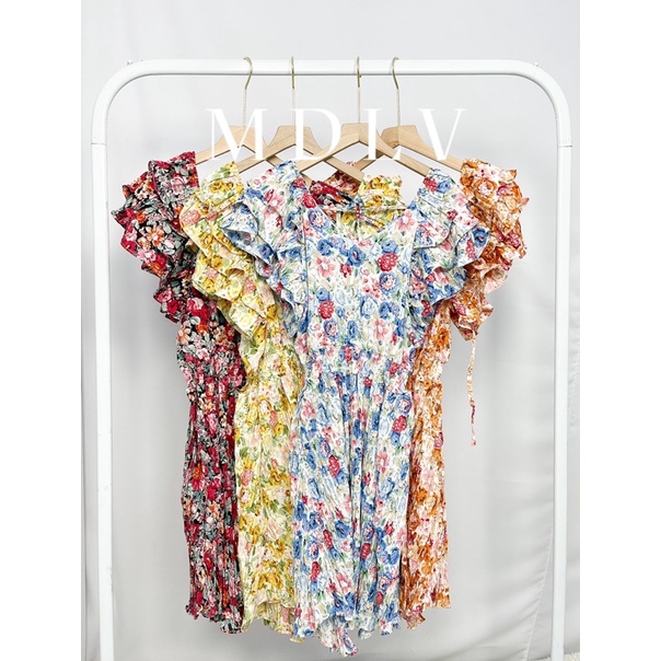 MDLV ~ 6101# Nastasha Pleated Mini Dress Flower Premium Dress Import