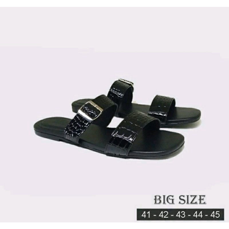 ALN-25 Croco Sandal Kulit Hitam Wanita Ukuran Besar 41-45 Sendal Kulit Kasual JUMBO Bule Luar Negri Hitam, 42