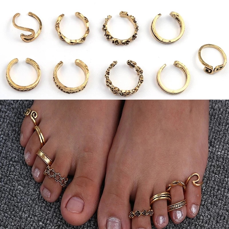 9pcs / Set Cincin Kaki Wanita Model Terbuka Adjustable Warna Emas / Silver Gaya Retro Untuk Musim Panas / Pantai