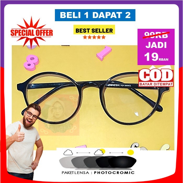 WOW MURAH Kacamata Minus Fotocromic Pria Wanita Bulat Oval Gagang Plastik Anti Radiasi UV400 Korean 