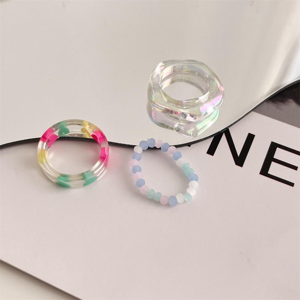 Mxbeauty Cincin Transparan Keren Vintage Warna-Warni Pola Cinta Kepribadian Fashion Gaya Korea Perhiasan Handmade Beaded Ring