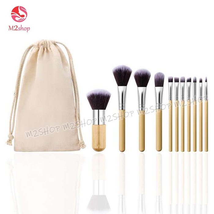 [ COD ] Brush Wooden Kabuki 11pcs - Bulu Halus dan Super Lembut - Gagang Kayu dan Pouch Kain