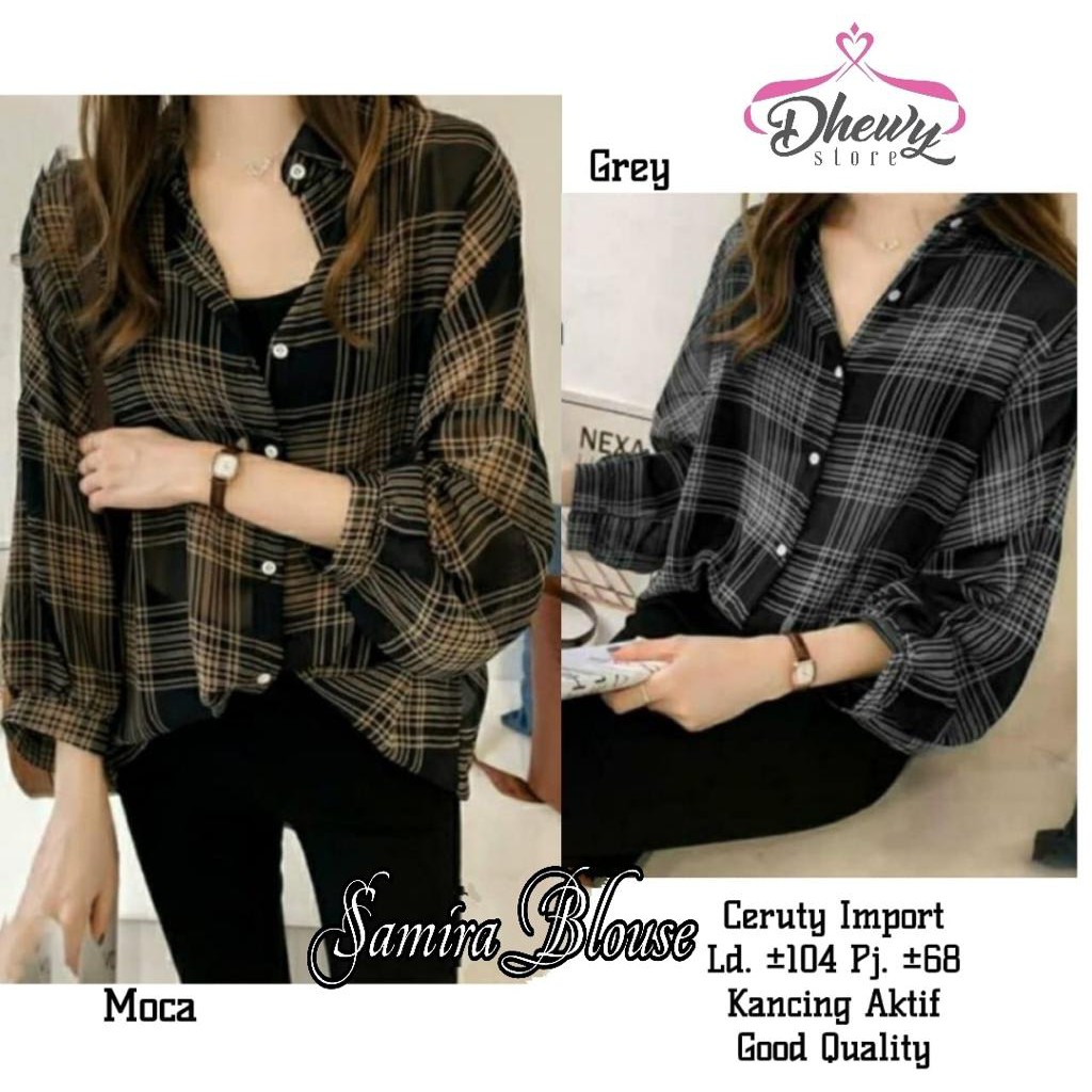 mars kotami atasan blouse lengan balon motif kotak kotak monochrome monokrom top