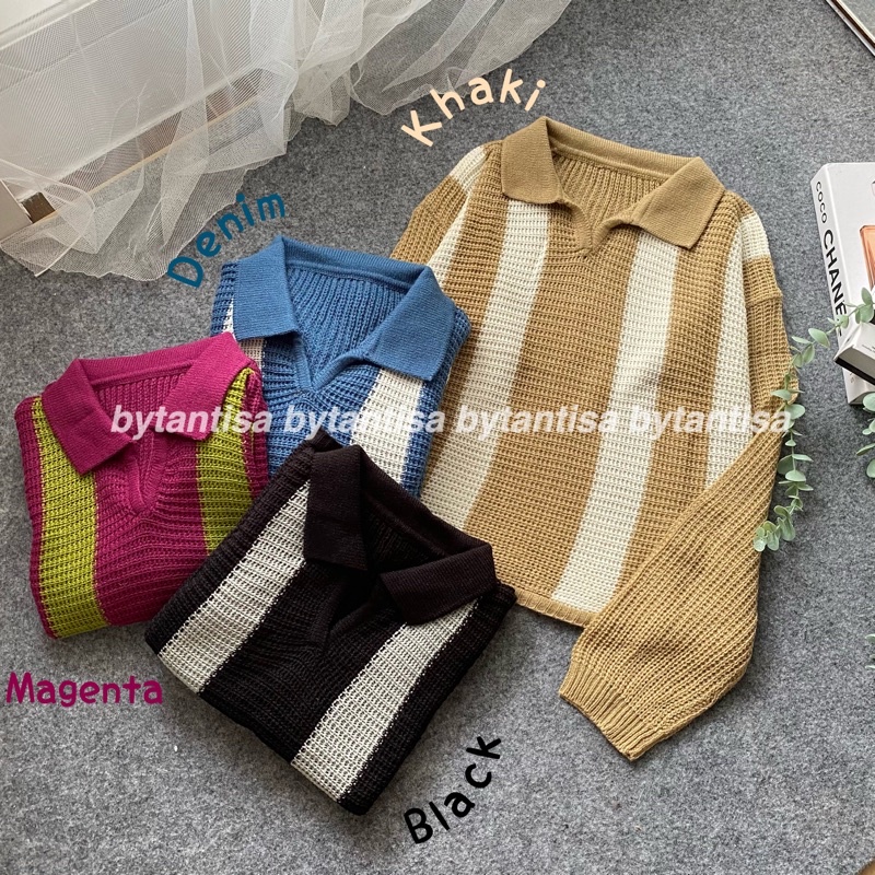 ATASAN POLO RAJUT CROP KOMBINASI GARIS LYLYN