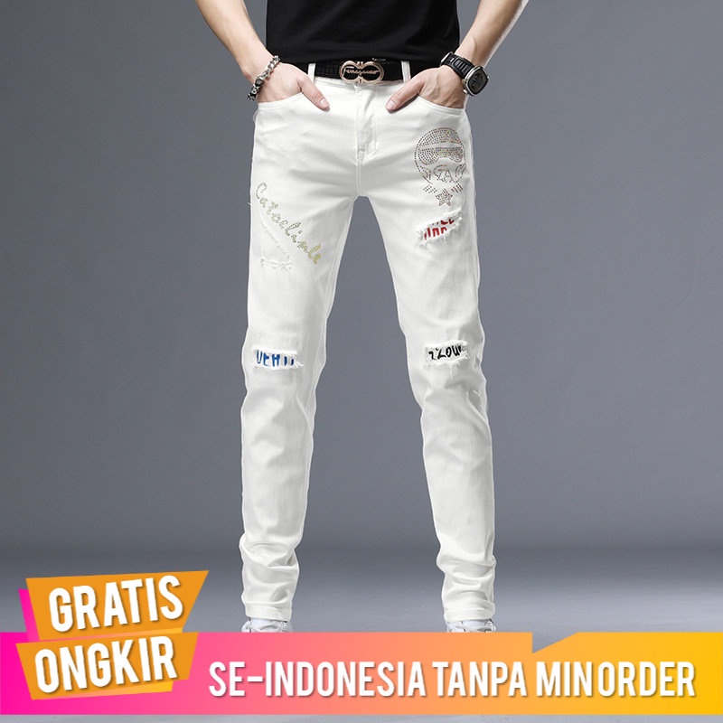 Jeans Pria Slim Fit Kurus Fashion  Rhinestone Korea  Robek Elastis Putih Jeans