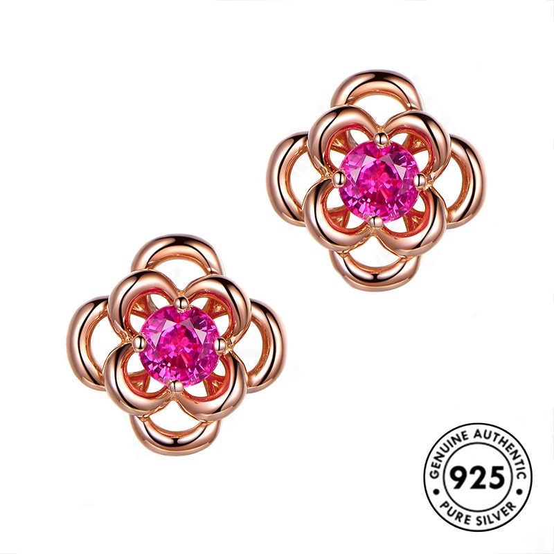 Anting Tusuk Sterling Silver 925 Model Bunga Ruby Warna Rose Gold Untuk Wanita