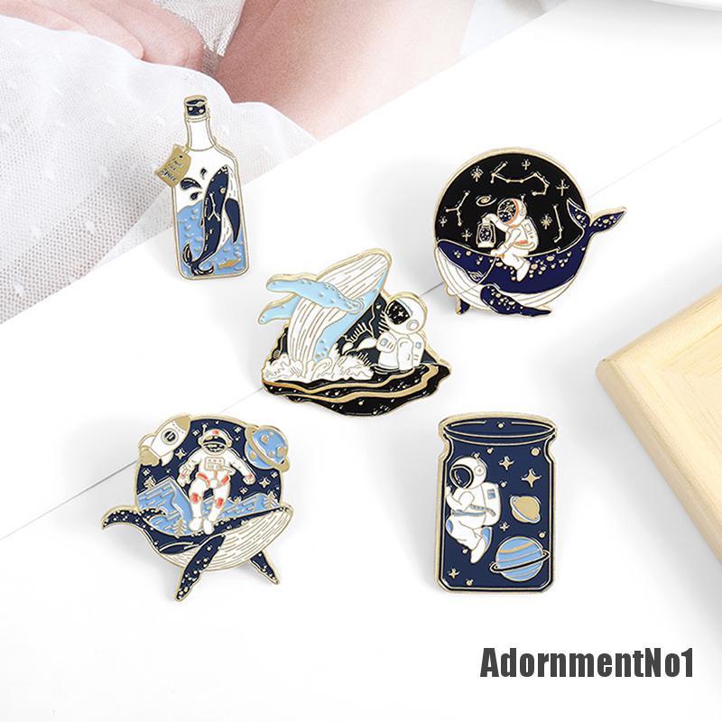 (Adornmentno1) 5pcs / Set Bros Pin Enamel Bentuk Astronot Whale Wishing Bottle