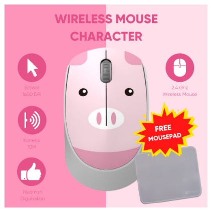 Wireless Mouse Unitech MS 630 Kartun Kids Edition 1600DPI 2.4G Gratis Mousepad Polos