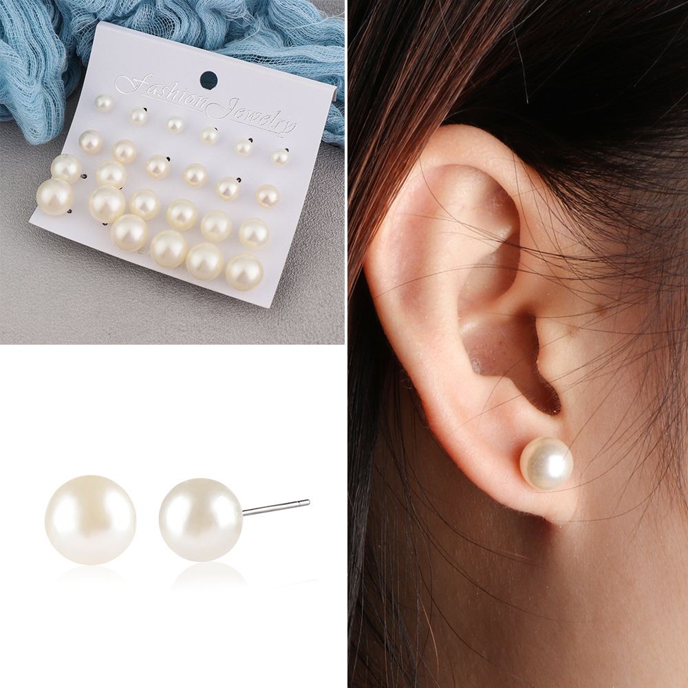 12 Pasang / Set Anting Stud Desain Bola Mutiara Simulasi Warna-Warni Untuk Wanita