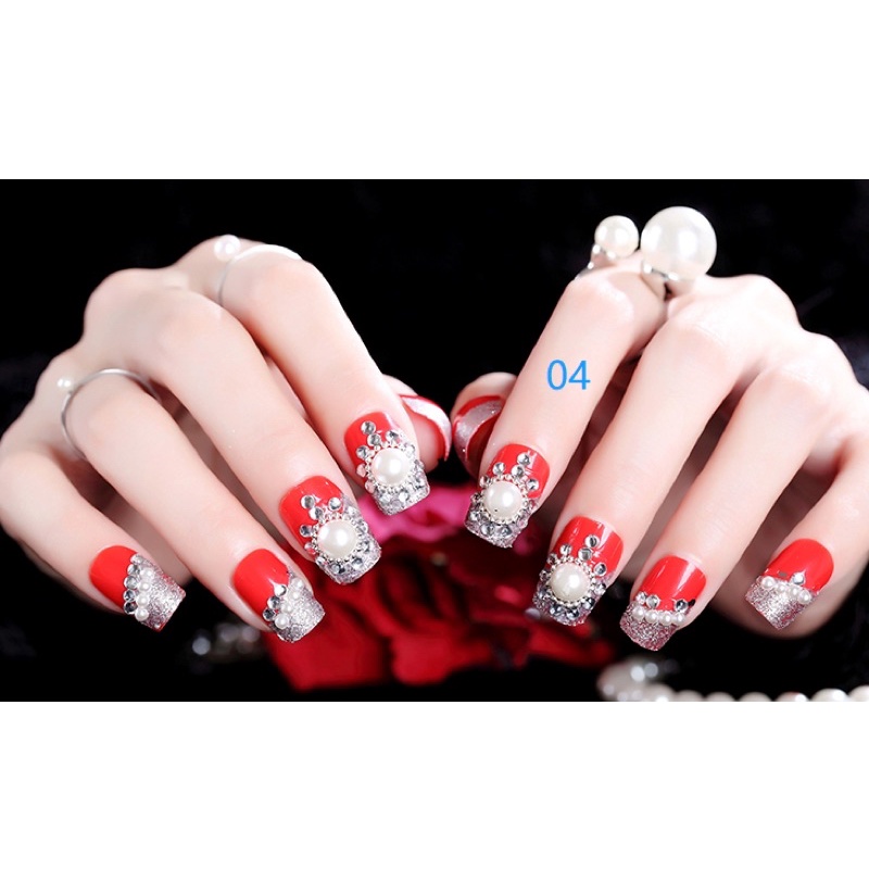 24PCS RED WEDDING FAKE NAILS KUKU PALSU MERAH PERNIKAHAN KUKU PALSU RHINESTONE PEARL 3d wedding