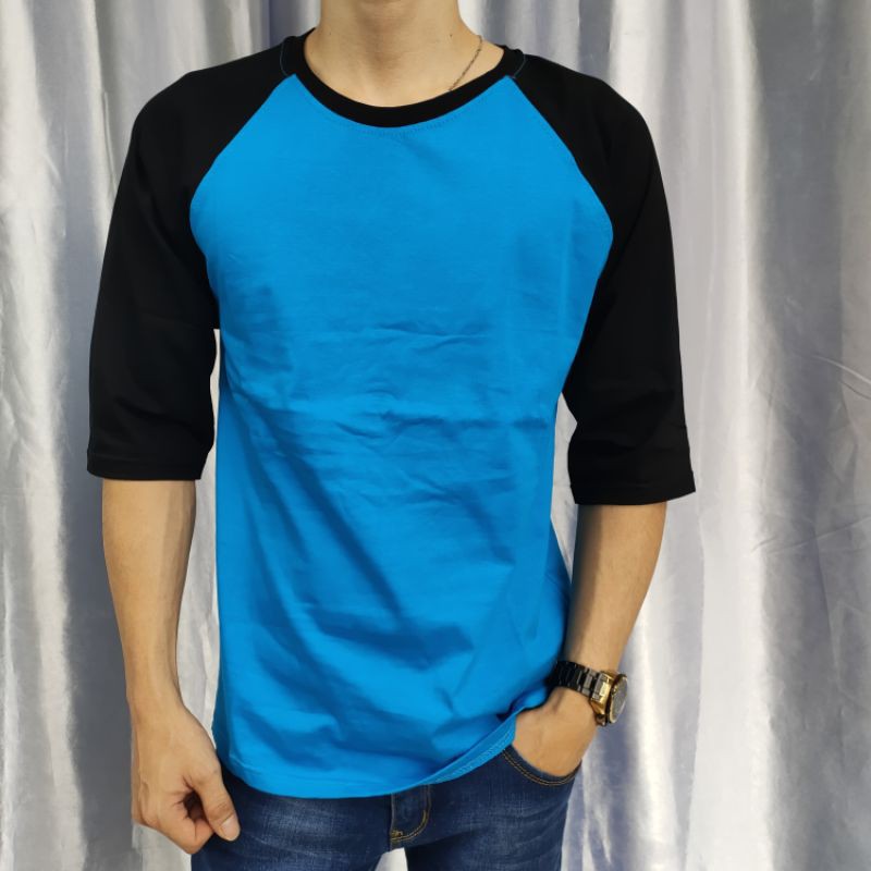 kaos polos reglan TURKIS-HITAM lengan 3/4 uk 18 20 22 S M L XL XXL