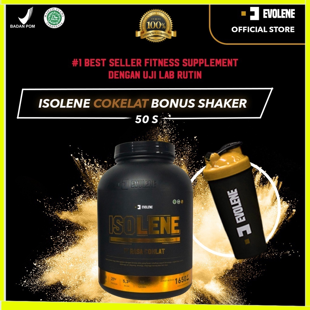 Isolene Rasa Coklat 50 Serving Free Shaker- Suplemen fitness pembentuk Otot - Defisit kalori - Susu Protein - Suplemen Fitness - Minuman Protein - Suplemen Workout - Whey protein isolate Evolene Evoline Evolen