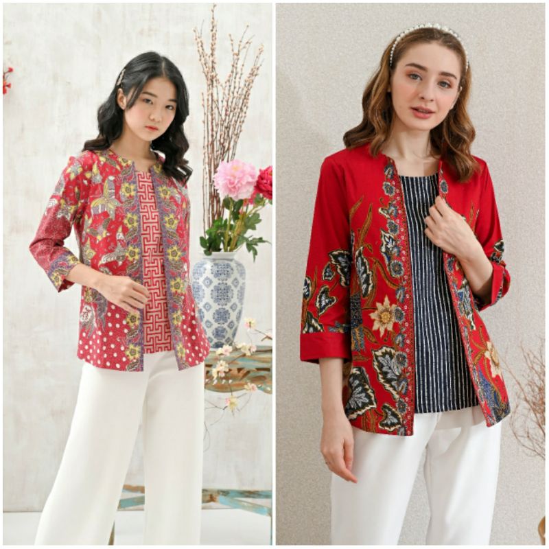 Atasan Blouse Batik Wanita Lengan 7/8 Edisi Imlek Warna Merah, 242 AUS / ACI#