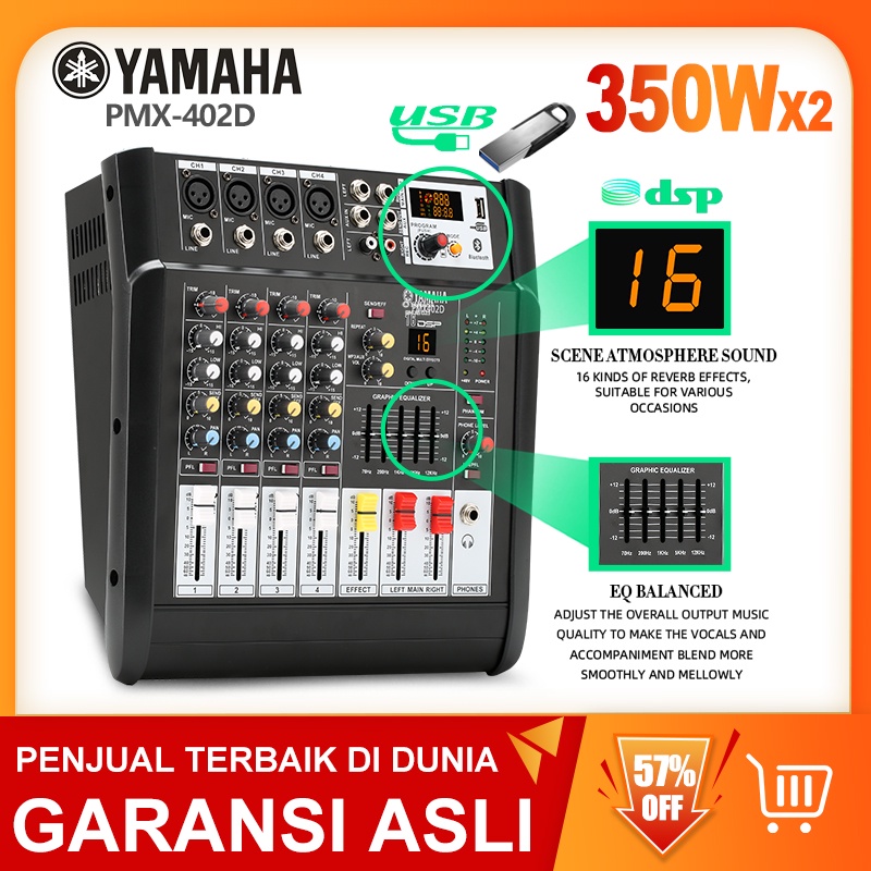 Mixer Audio Profesional PMX402D/PMX402S 4 saluran dengan efek 16DSP bawaan Penguat daya 350 watt 2 saluran Dilengkapi dengan 2 mikrofon nirkabel UHF Penyesuaian EQ equalizer 7-band 2-lapisan Mendukung pemutaran Bluetooth/USB/PC/MP3