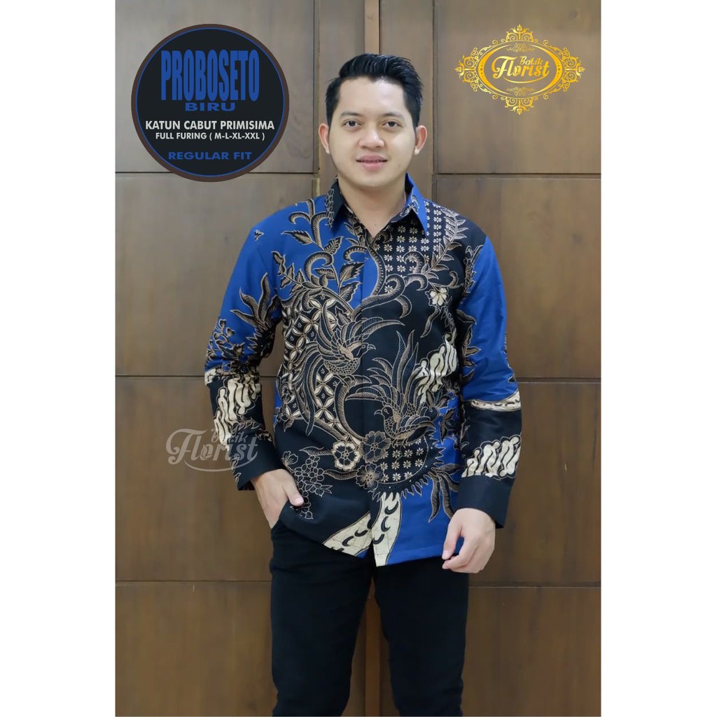 PROBOSETO BIRU Kemeja Batik Pria Full Furing Bahan Katun Cabut Primisima