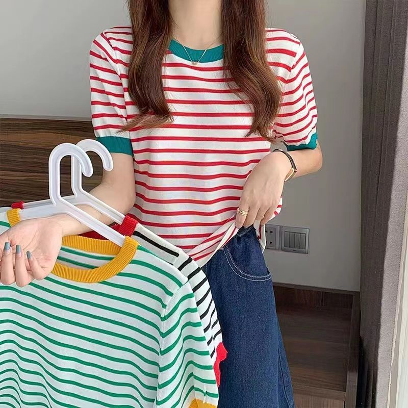 Velma Stripe T Shirt Top Knit Import - Kaos Wanita Lengan Pendek - Atasan Wanita Salur TM (B170)