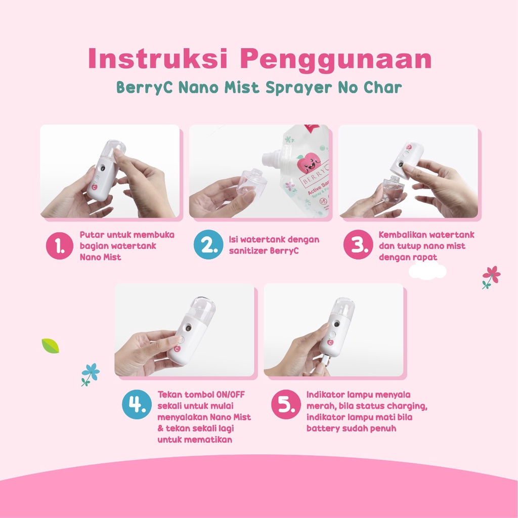 BerryC Nano Mist Spray Sanitizer 30ML Desain Baru Anti Bocor Dan Retak bisa untuk anak hingga dewasa (NO CHARACTER) face mist sprayer embun fog mungil personal portable rechargable usb putih white simple kuat new design awet sanitize sterilize moisturize